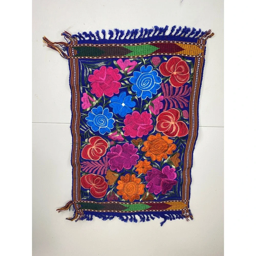 Lot of 4 Mexican Hand Embroidered Floral Textile Panels Otomi Folk Art Fringed